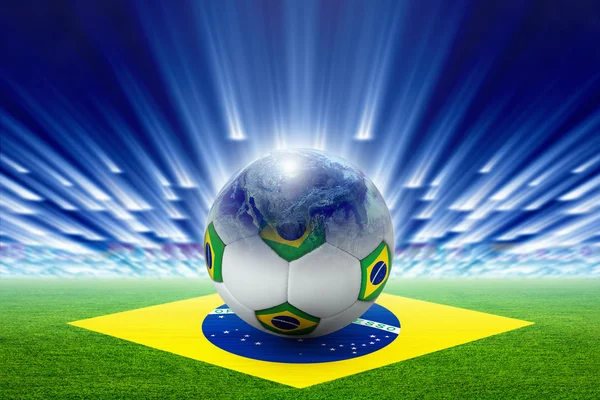 サッカー スタジアム、ボール、グローブ、ブラジルの国旗 — ストック写真