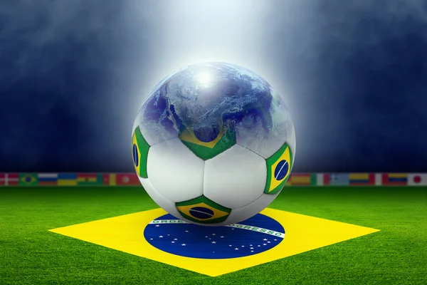 Soccer stadium, ball, globe, flag of Brazil — Stock Photo, Image