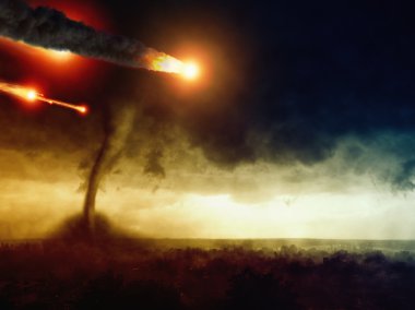 Asteroid impact and huge tornado clipart