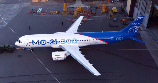 Irkutsk, Russia - August 2019: New Russian civilian airliner Irkut MS-21 73053 before the first takeoff. IRKUT plant