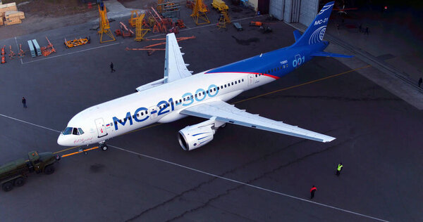 Irkutsk, Russia - August 2019: New Russian civilian airliner Irkut MS-21 73053 before the first takeoff. IRKUT plant