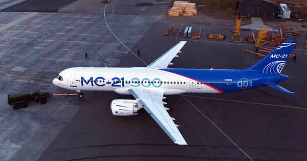 Irkutsk, Russia - August 2019: New Russian civilian airliner Irkut MS-21 73053 before the first takeoff. IRKUT plant