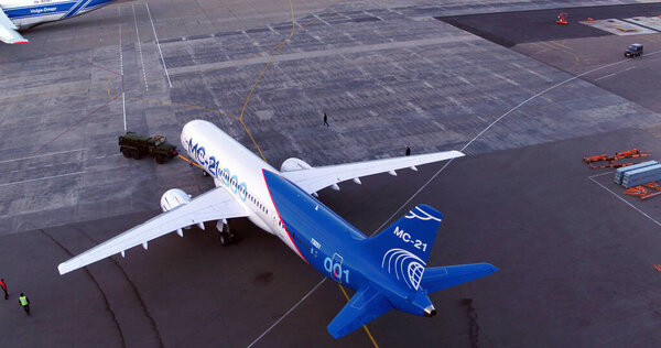 Irkutsk, Russia - August 2019: New Russian civilian airliner Irkut MS-21 73053 before the first takeoff. IRKUT plant