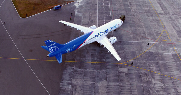 Irkutsk, Russia - August 2019: New Russian civilian airliner Irkut MS-21 73053 before the first takeoff. IRKUT plant