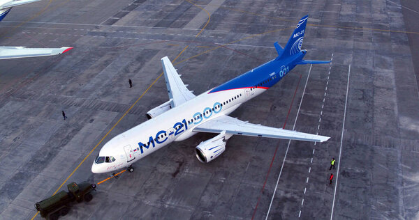Irkutsk, Russia - August 2019: New Russian civilian airliner Irkut MS-21 73053 before the first takeoff. IRKUT plant