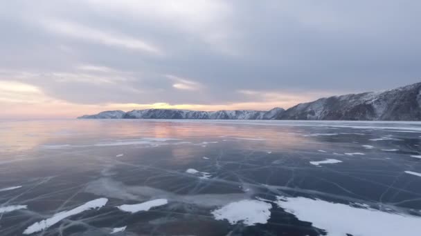Lago Baikal Baikal Invernale Tramonto Sparo Drone Vista Dall Alto — Video Stock