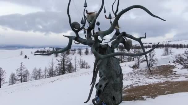 Escultura Guardián Baikal Isla Olkhon Invierno Disparando Desde Dron Vista — Vídeos de Stock