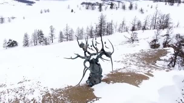 Sculpture Gardien Baïkal Sur Île Olkhon Hiver Tirer Depuis Drone — Video