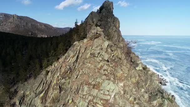 Baikalsee Russland Winterschießen Sonniger Tag Der Peschanaya Bucht Blick Von — Stockvideo