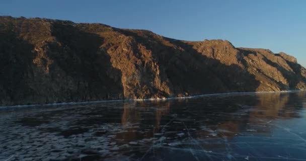 Lake Baikal Early Winter View Drone Shooting Mountains — стоковое видео