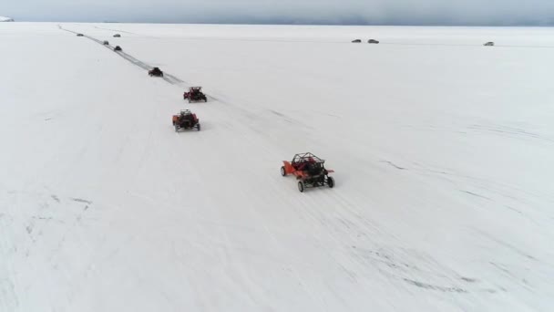 Buggy Rides Ice Frozen Lake Baikal Homemade Buggy Rushes High — стоковое видео