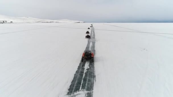 Buggy Rides Ice Frozen Lake Baikal Homemade Buggy Rushes High — Vídeo de Stock