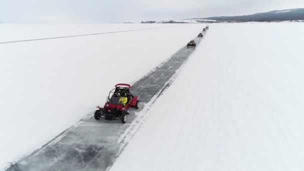Buggy Rides Ice Frozen Lake Baikal Homemade Buggy Rushes High — Vídeo de Stock