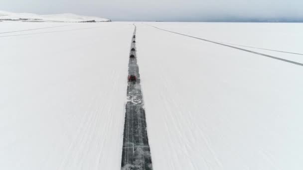 Buggy Rides Ice Frozen Lake Baikal Homemade Buggy Rushes High — стоковое видео