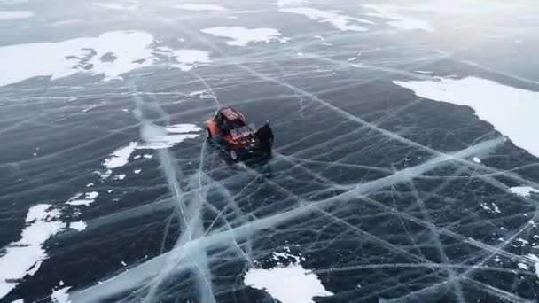 Buggy Rides Ice Frozen Lake Baikal Homemade Buggy Rushes High — Vídeo de stock