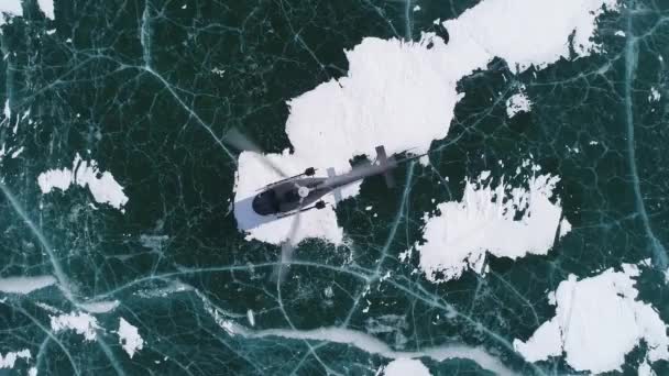 Helicopter Stands Ice Largest Lake Baikal Black Helicopter Takeoff View — 图库视频影像