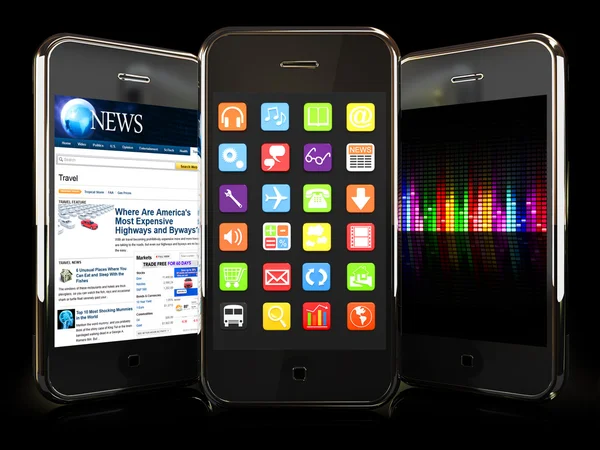 Smartphones avec 3 interfaces sur fond noir . — Photo