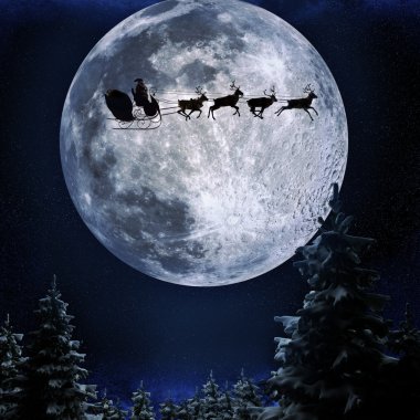 santa onun kızak dolunay çerçevede bir uçan