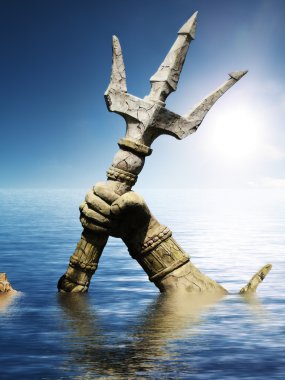 Statue of Neptune or Poseidon's arm holding trident coming up through the water clipart