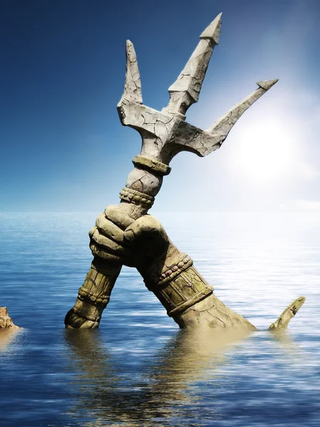 Standbeeld van Neptune of Poseidon de arm houden trident komen door het water — Stockfoto