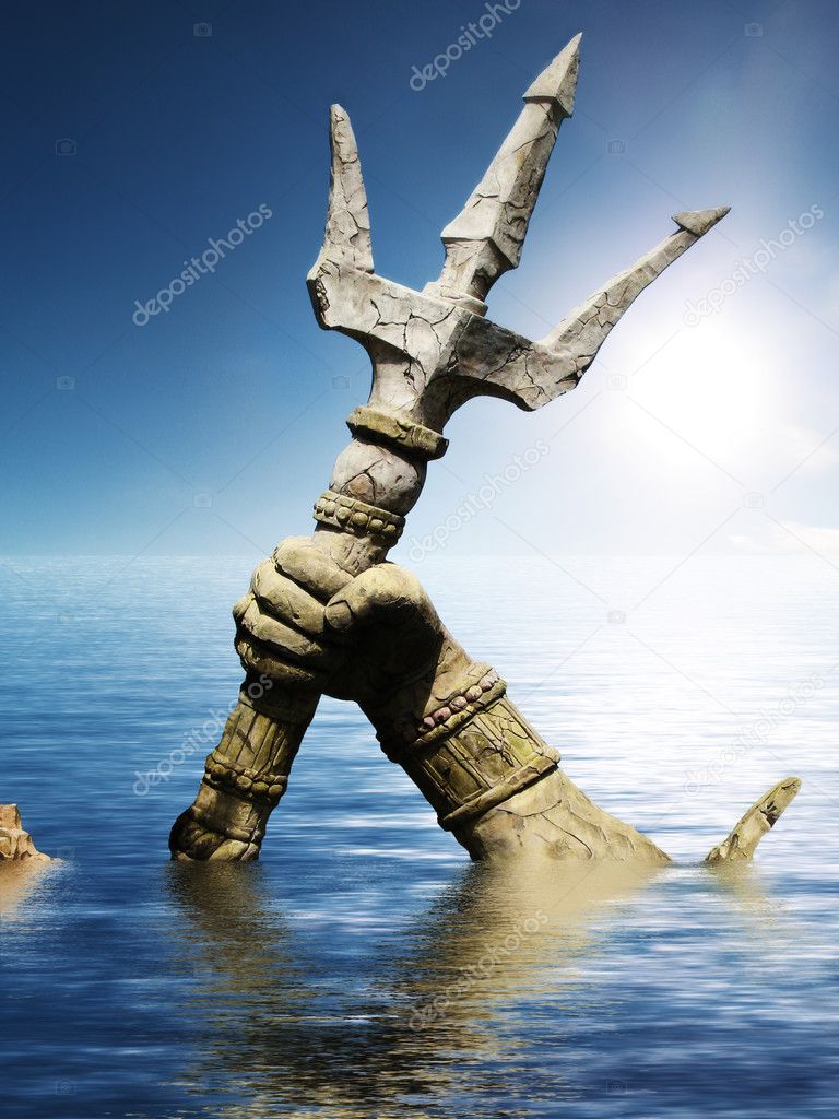 Statue of Neptune or Poseidon's arm holding trident coming up through the water