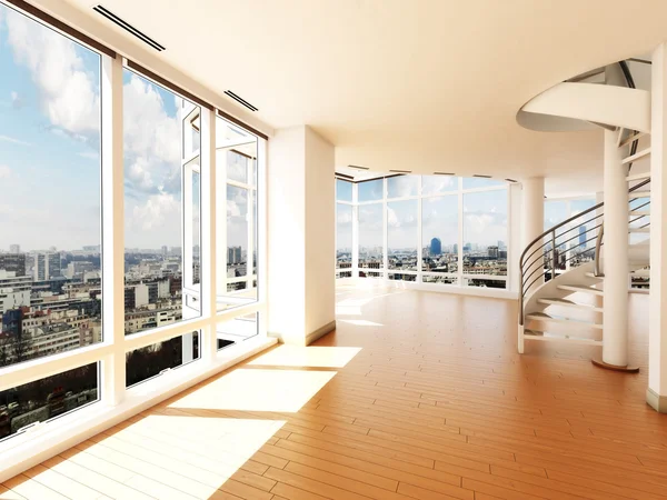 Moderní interiér s schodiště je s výhledem na město — Stock fotografie