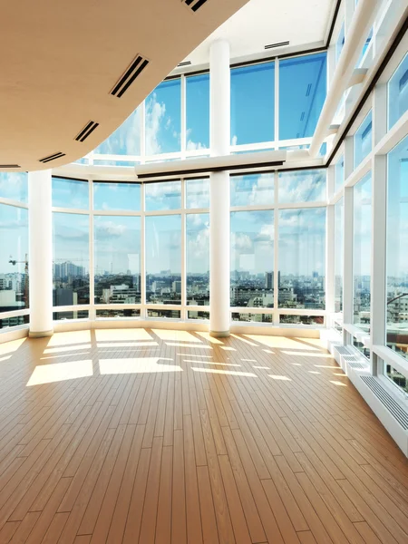 Modern interiör med utsikt över en stad — Stockfoto
