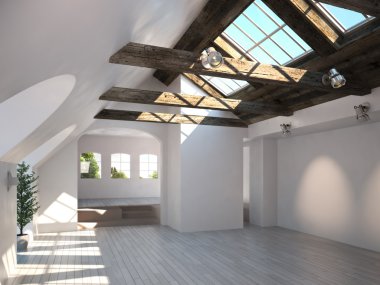 Kereste tavanı ve tavan penceresi olan boş bir oda.