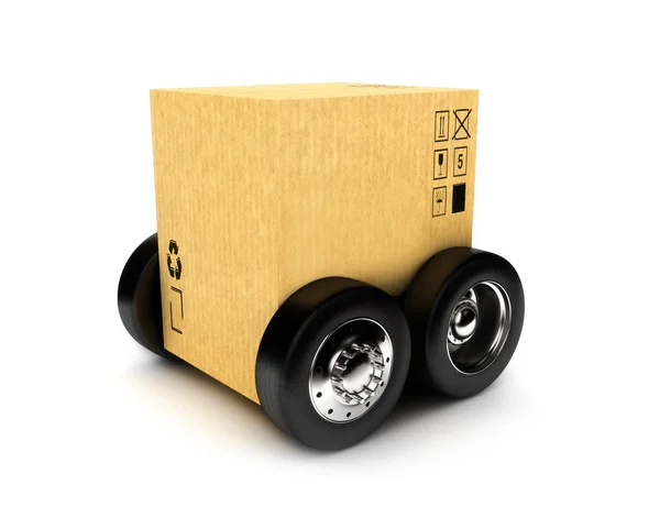 Caja de cartón sobre ruedas — Foto de Stock