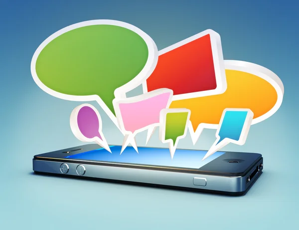 Smartphone with social media chat bubbles or speech bubbles extruding from the screen. — Stock Photo, Image