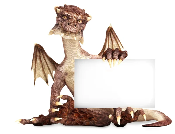 Fantasia dragão segurando anúncio em branco cartão — Fotografia de Stock
