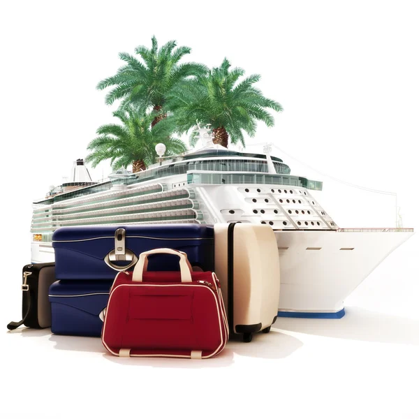 Cruiseschip met bagage en palmen op de achtergrond. — Stockfoto