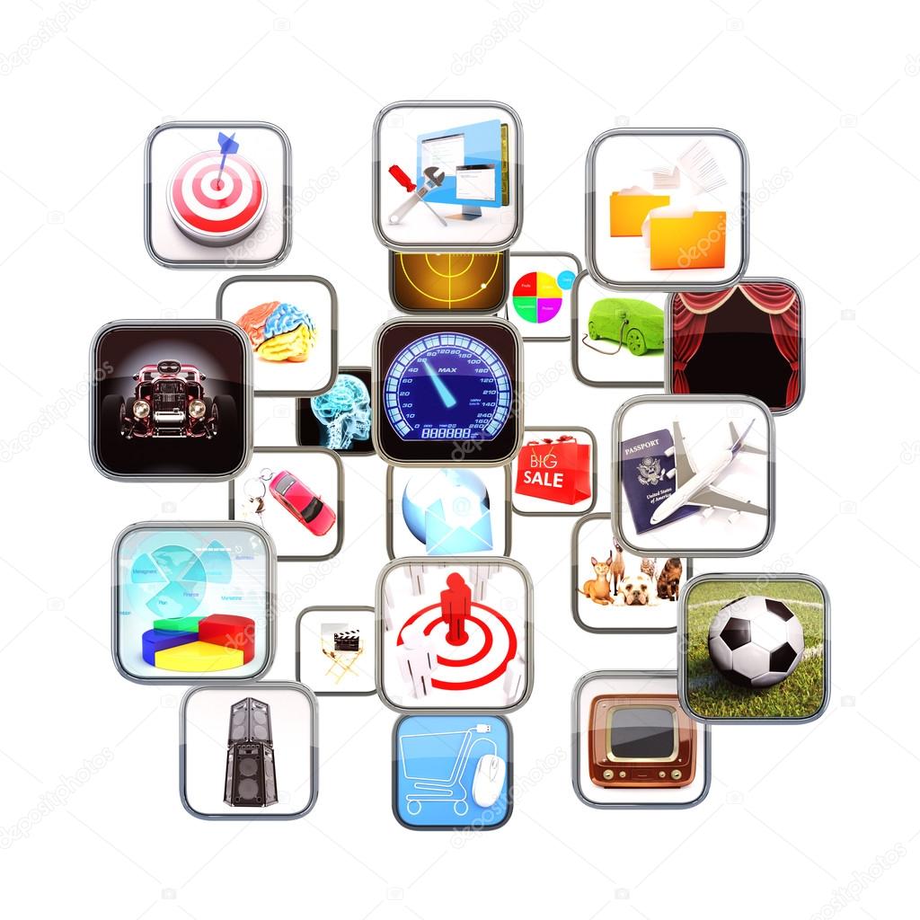 Apps flowing in 3d space isolated on a white background.