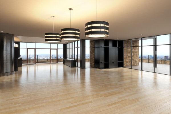 Empty room of business, or residence with a city background.