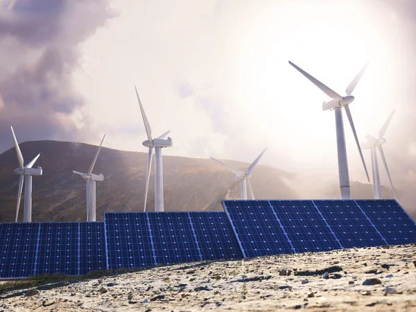 Solar panel and wind turbine — Stock Photo, Image