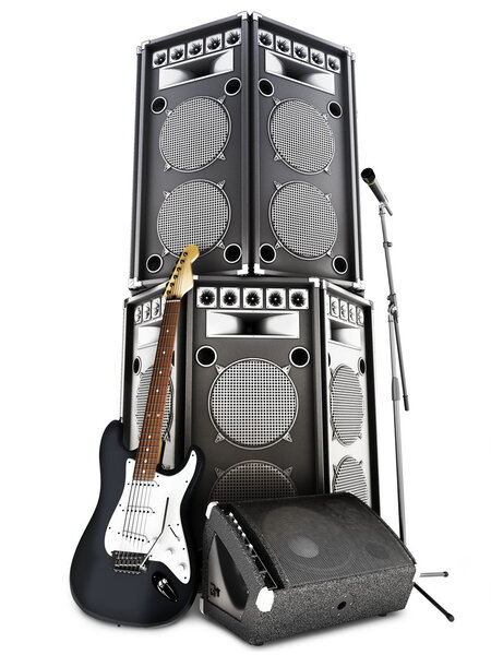Heavy metal, rock and roll background with large tower speakers

