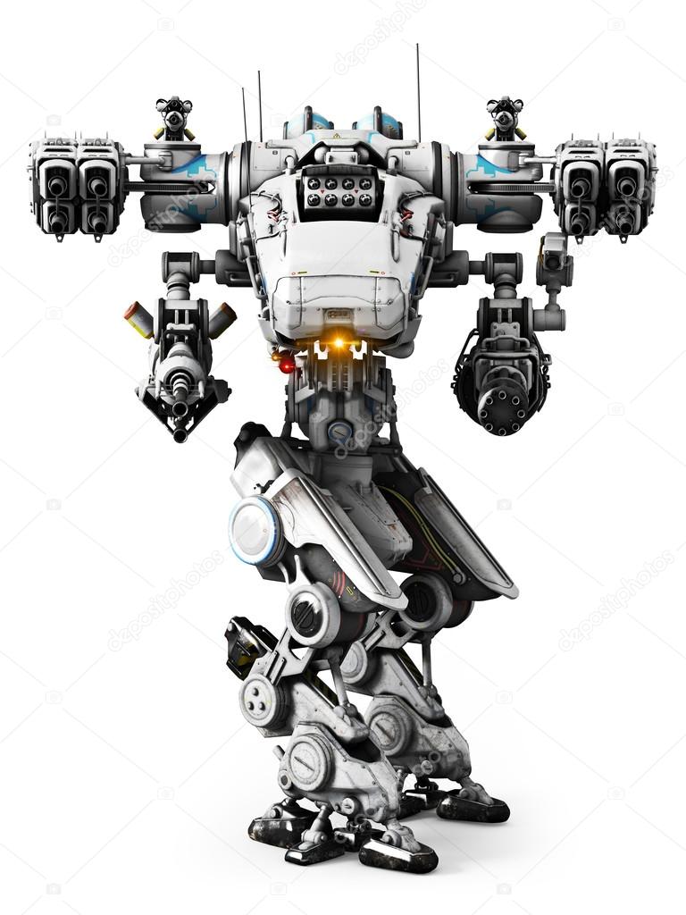 White Mech weapon with full array of weapons aimed ,on a white background