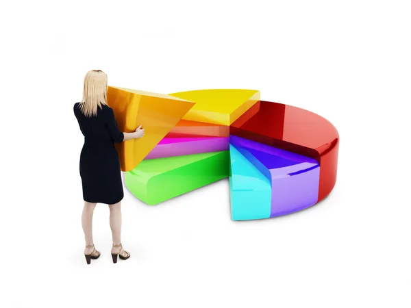Zakenvrouw in een sectie van een 3D-cirkeldiagram voor meerkleurige handel. — Stockfoto