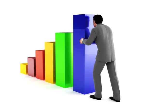 Business man pushing a higher section of a 3d multicolored graph chart — Stock Photo, Image