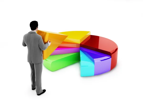 Business man placing a section of a 3d multicolored pie chart. — Stock Photo, Image