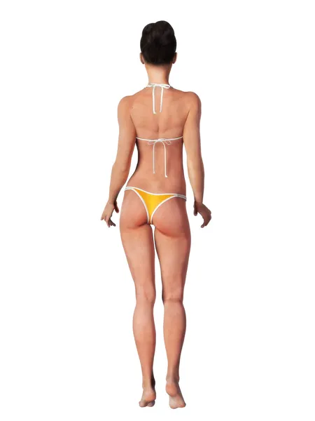 Sexig vältränad kvinna i en bikini baddräkt på en vit bakgrund. — Stockfoto
