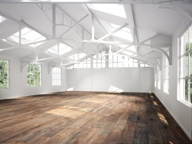 Commercial interior with hard wood floors and skylights clipart
