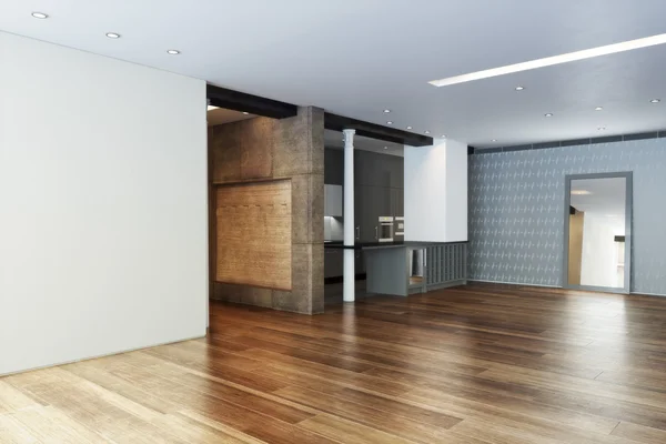 Üres Highrise apartman oszlop akcentussal belső és keményfa padló — Stock Fotó
