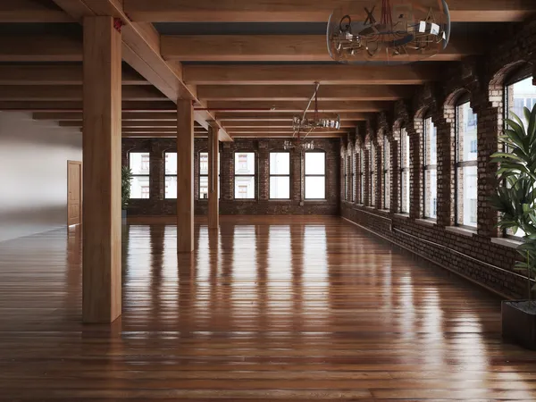 Empty room interior of a residence or office space with rustic timbers and wood floors. — Stock Photo, Image