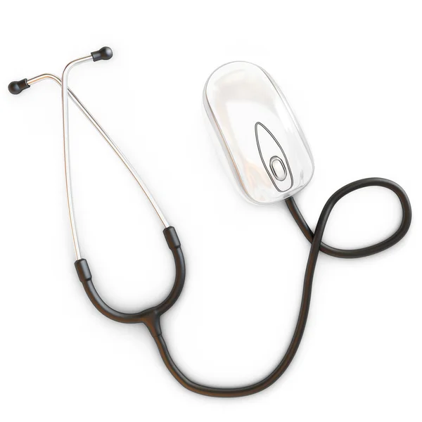 Médecine en ligne. Stéthoscope attaché à une souris d'ordinateur — Photo