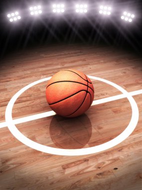 3D render bir basketbol sahası ile stadyum aydınlatma