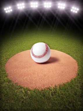 3d rendering of a Baseball on a pitchers mound of Lighted Baseball field. clipart