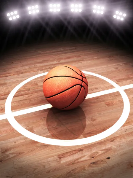 3D-Darstellung eines Basketballs auf einem Platz mit Stadionbeleuchtung — Stockfoto