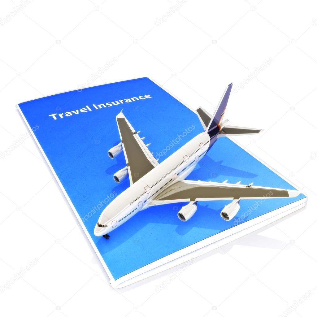 Travel Insurance concept with Jet aircraft on a white background.