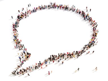 Large group of people in the shape of a chat bubble.